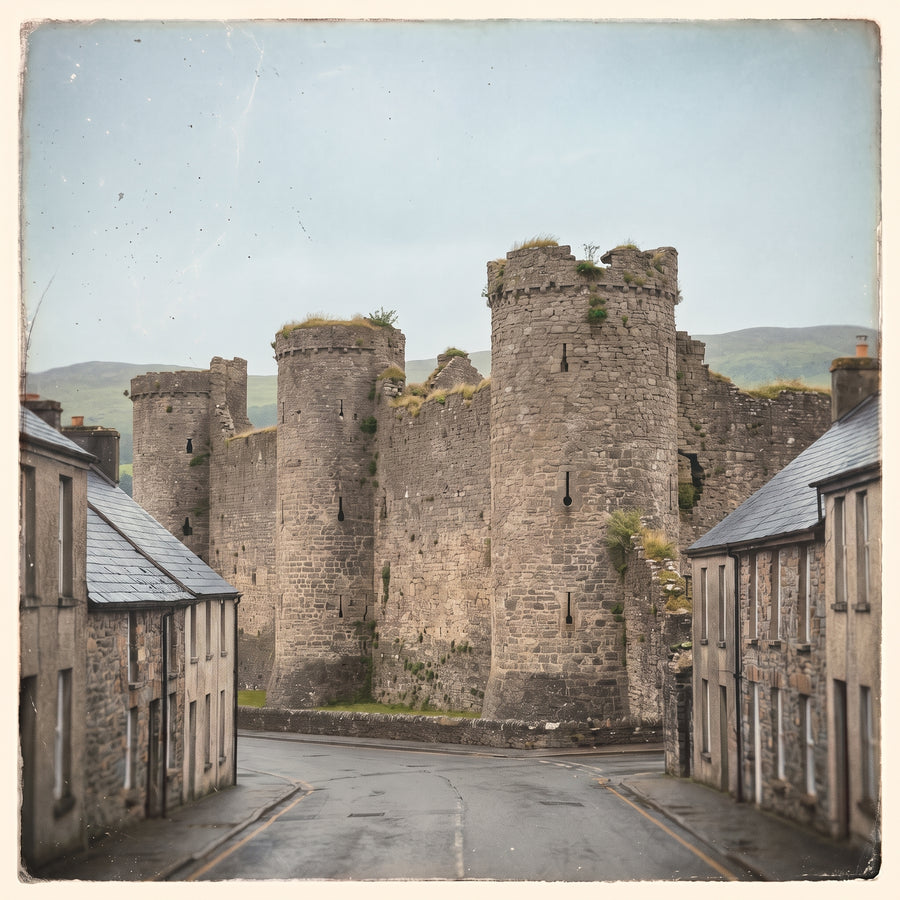 A Welsh stone castle with round towers standing above a slate roofed street