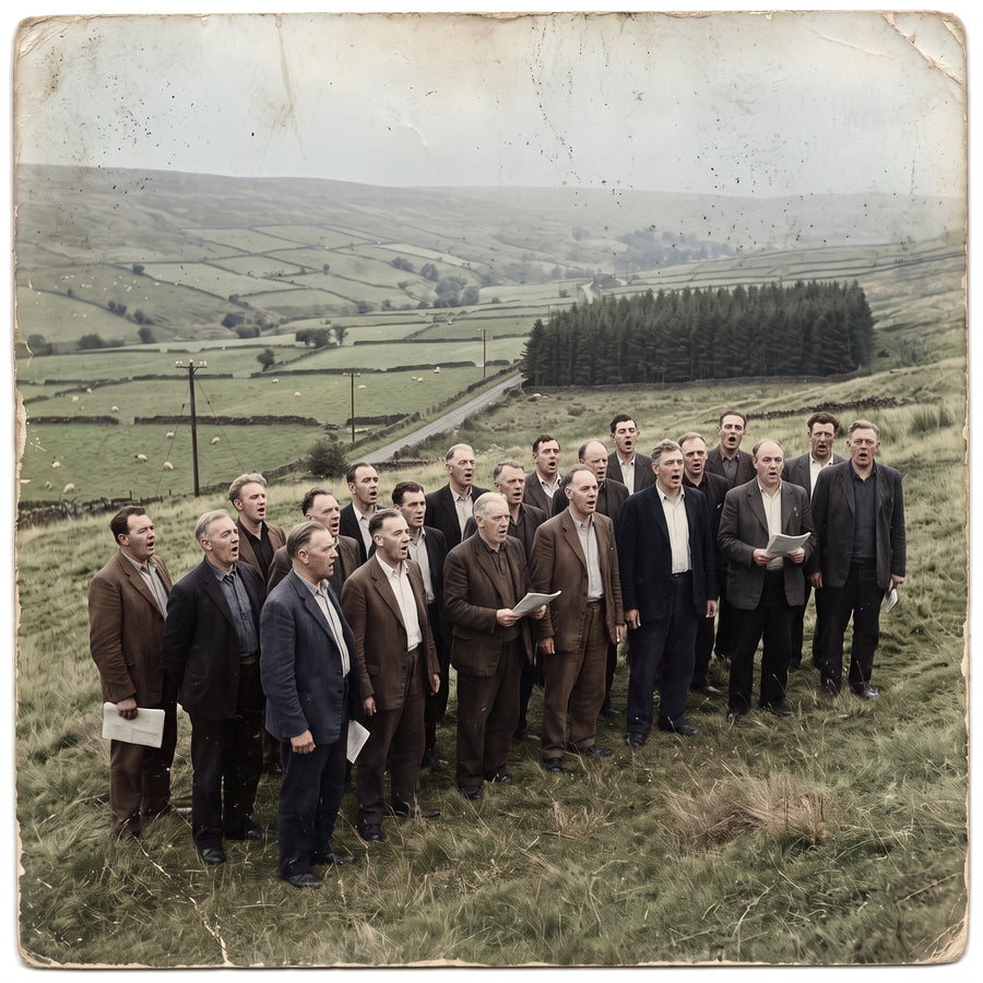 A male voice choir singing in loose rows on an open Welsh hillside