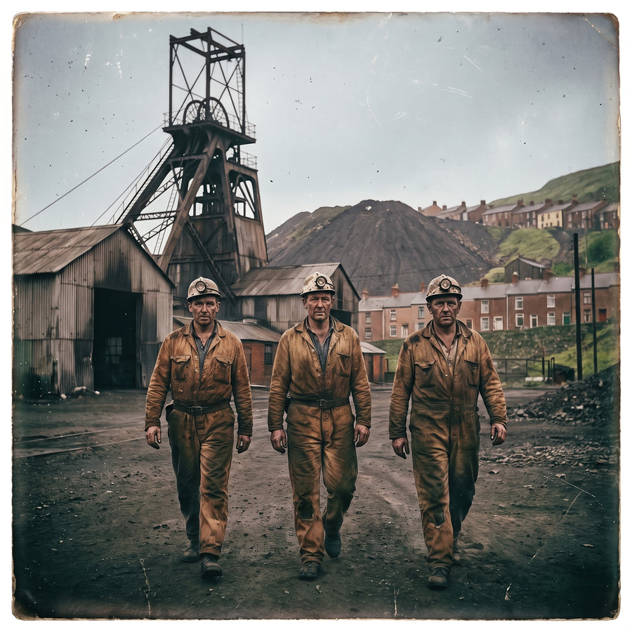 Miners walking away from a South Wales pit head at the end of a shift