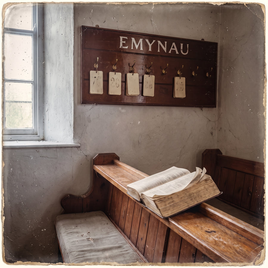 A chapel hymn board headed Emynau with numbered cards hanging beneath