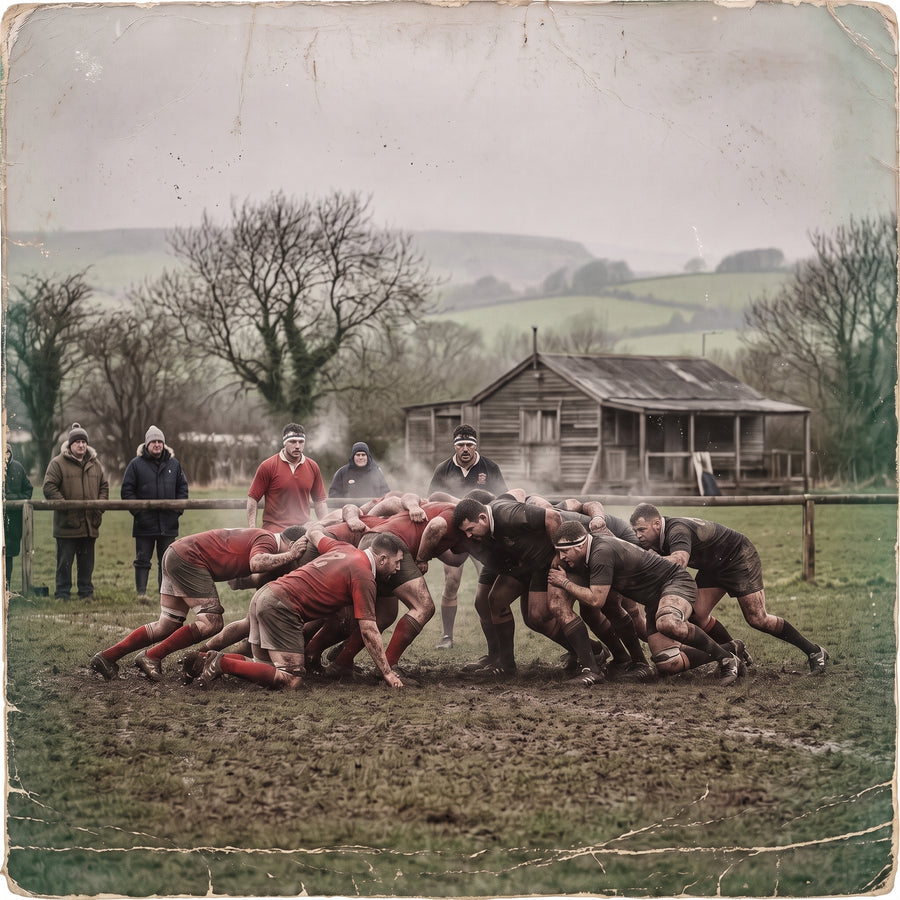 A scrum packing down on a muddy village rugby pitch in winter