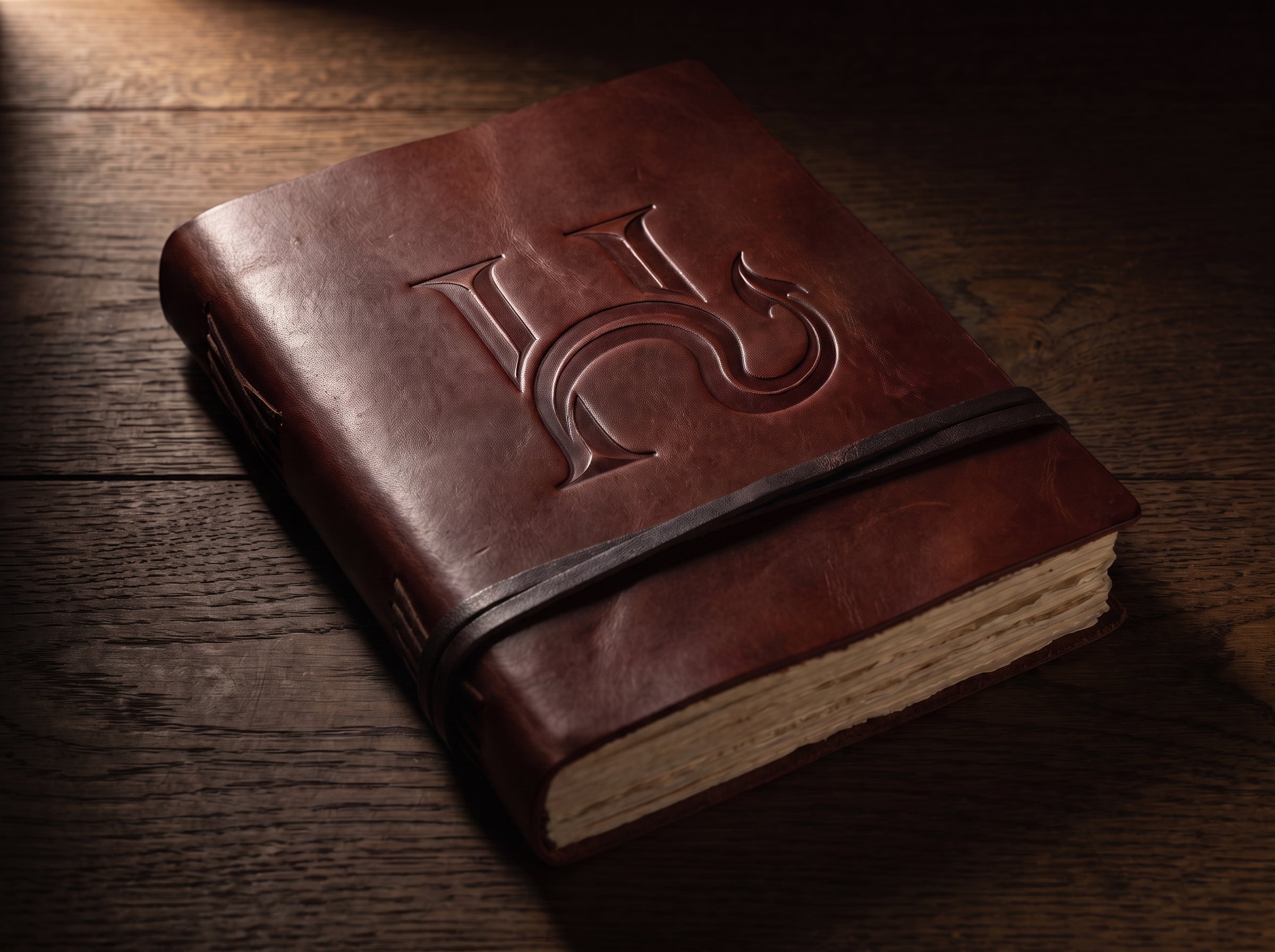 A leather journal with the Hiraeth H mark blind-debossed into the cover