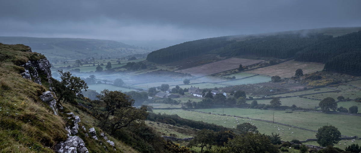 A Welsh valley at dusk, mist along the fields, low cloud on the plantation ridge
